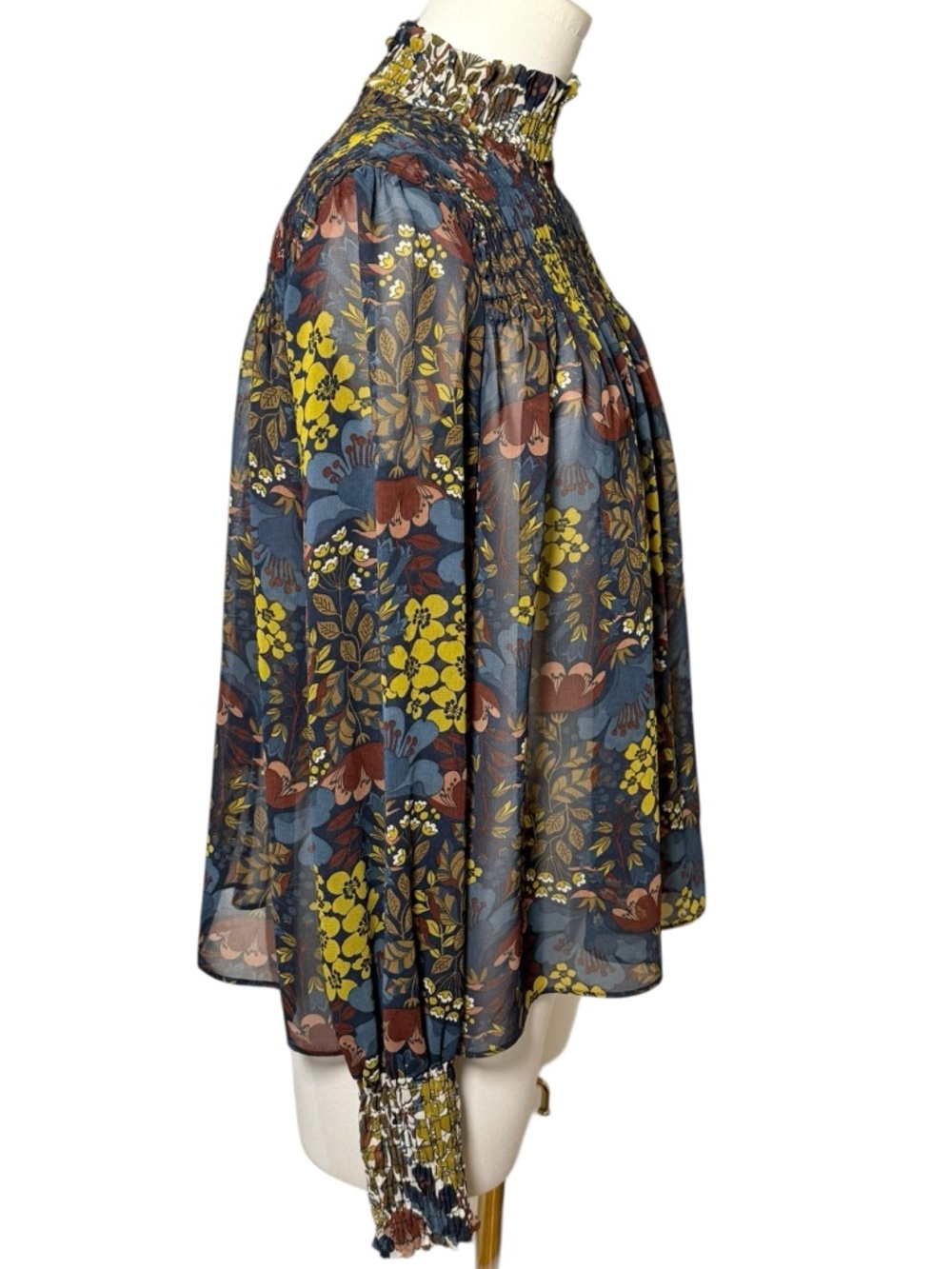 Zara Trafaluc Floral Smocked High Neck Blouse Sheer Black Size Small - Picture 3 of 8